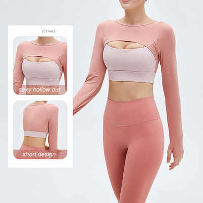 Two Piece Ladies Yoga Tops Long Sleeve Hollow Out Running Crop Top With Bra