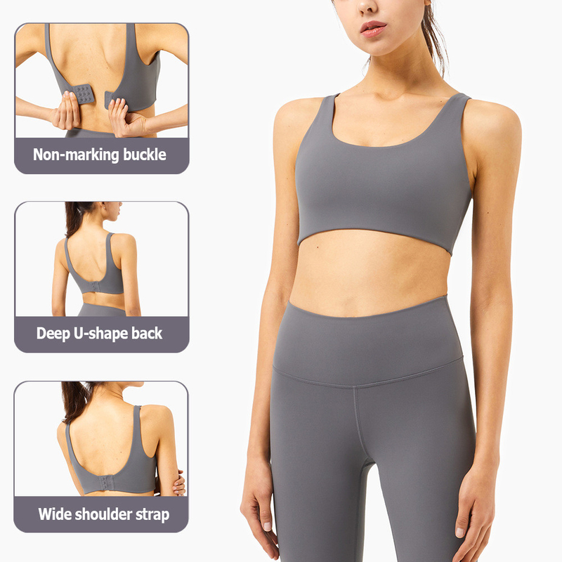 Breathable Yoga Womens Sports Bra Wide Neck Traceless Buckle Gathered
