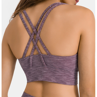 U Shape Neck Cross Back Stripe Womens Sports Bra Shockproof Gathering