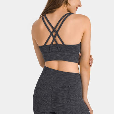 U Shape Neck Cross Back Stripe Womens Sports Bra Shockproof Gathering