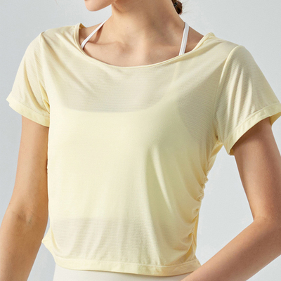 Pleated Nylon Sports Short Sleeve Ladies Yoga Tops Running Fitness T - Shirt