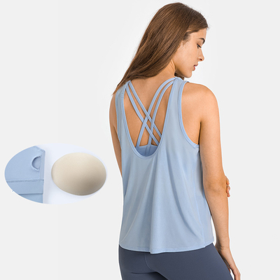 Active Stretch Ladies Yoga Tops One Piece Two Wear Cross Open Back Sport Bra With Removable Pad