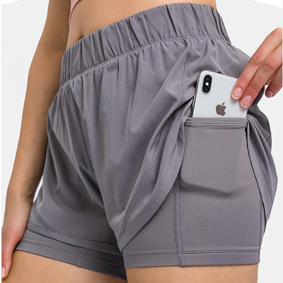 Adjustable Waist High Stretchy Yoga Pocket Shorts Anti Glare Sports Pants Built - In Shorts