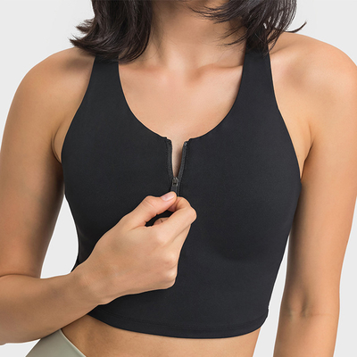 Front Zip Womens Sports Bra High Elastic Breathable Tank Top With Fixed Pad