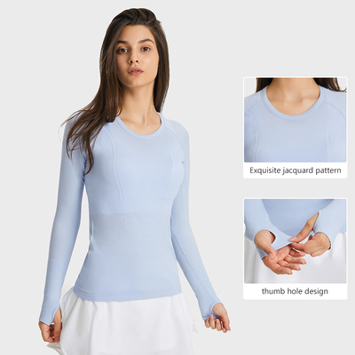 Ladies Long Sleeve Jacquard Horse Riding Tops Round Neck Sports T - Shirt Workout