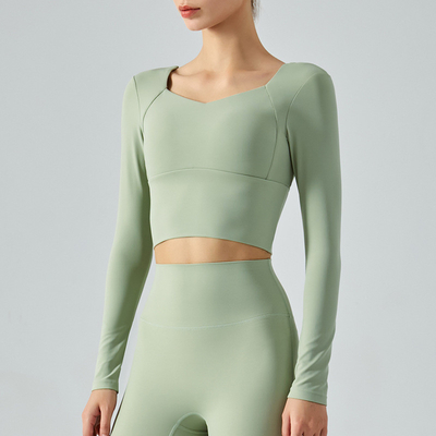 Detachable Chest Mat Long Sleeve Ladies Yoga Tops V Neck Sports Skin Friendly