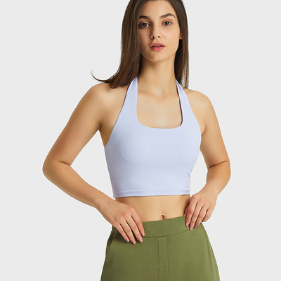 Halter Neck Womens Sports Bra Sexy Pleated Back Crop Tops With Removable Pad