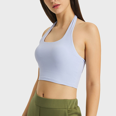 Halter Neck Womens Sports Bra Sexy Pleated Back Crop Tops With Removable Pad