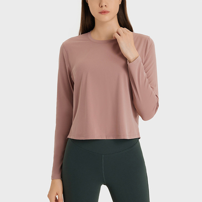 Round Neck Casual Yoga Tops Solid Tees Womens Long Sleeve Cropped T - Shirts