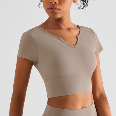 Short Sleeve Padded V Neck Athletic Crop Tops Built In Bra Shirts