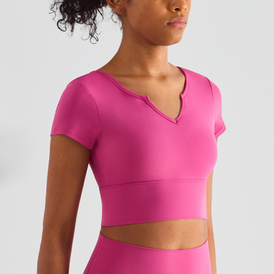 Short Sleeve Padded V Neck Athletic Crop Tops Built In Bra Shirts