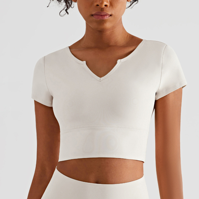 Short Sleeve Padded V Neck Athletic Crop Tops Built In Bra Shirts