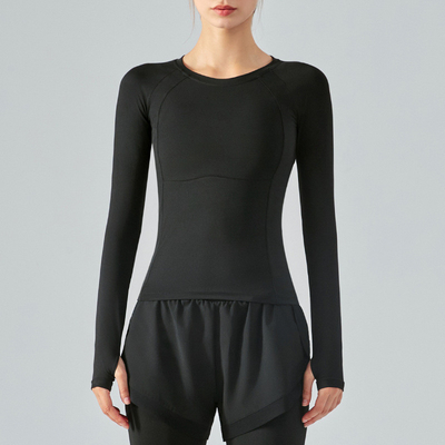 Polyester Summer Ladies Yoga Tops Long Sleeved T Shirt Four Way Stretch