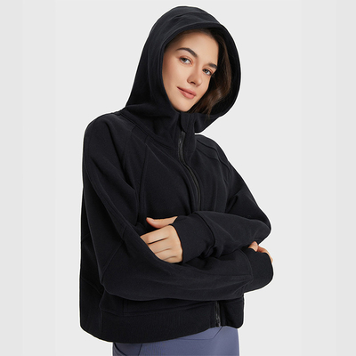 Winter High Collar Full Zip Riding Womens Sports Jacket Hoodies With Hat