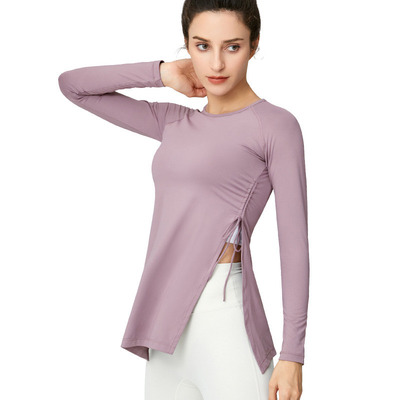One Side Pleated Women Yoga Tops Long Sleeve Split Sports Breathable