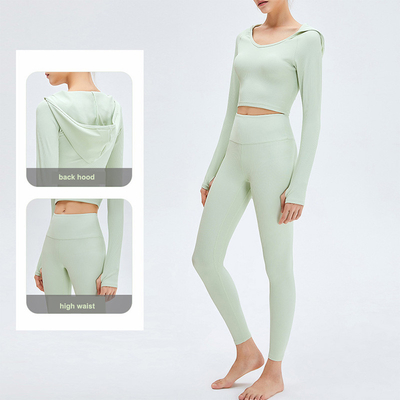 High Waist Ribbed Yoga Clothes Women Long Sleeve  Hooded Crop Top Set