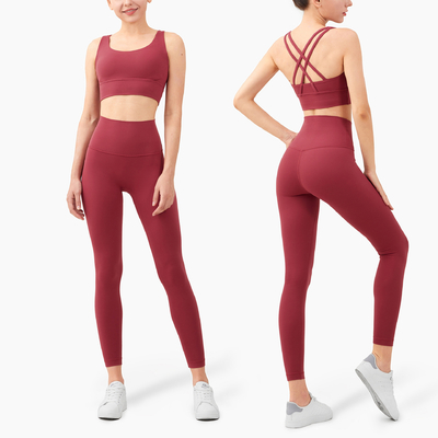 Cross Back Yoga Set Clothes Gathered Belly Matching Sports Bra And Leggings Set