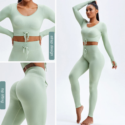 Ribbed Women's 2 Piece Workout Set Scrunch Butt Leggings With Crop Top
