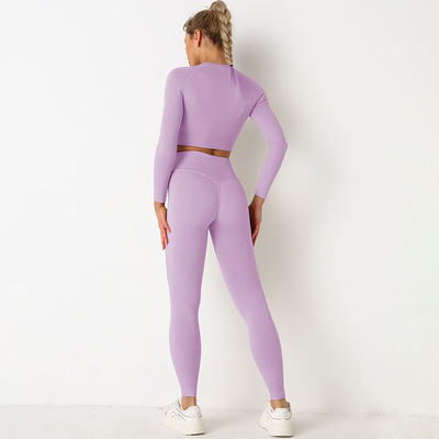 Purple Seamless Yoga Set Clothes Running High Waist Ribbed Long Sleeve Top