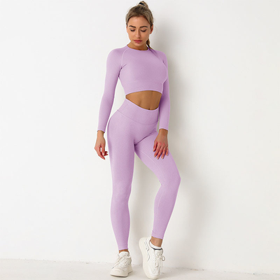Purple Seamless Yoga Set Clothes Running High Waist Ribbed Long Sleeve Top