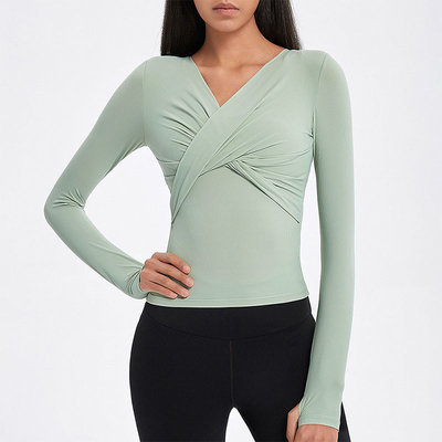 Cross Folded Ladies Yoga Tops Long Sleeve V Neck Sports Shirts With Thumb Hole