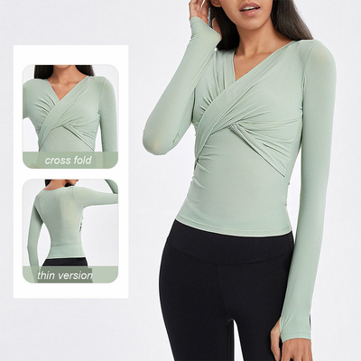 Cross Folded Ladies Yoga Tops Long Sleeve V Neck Sports Shirts With Thumb Hole