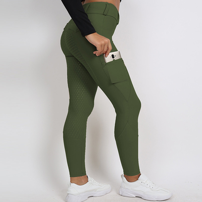 Green Printed Horse Riding Pants Nylon Full Seat Silicone Leggings With Phone Pocket