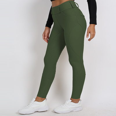 Green Printed Horse Riding Pants Nylon Full Seat Silicone Leggings With Phone Pocket