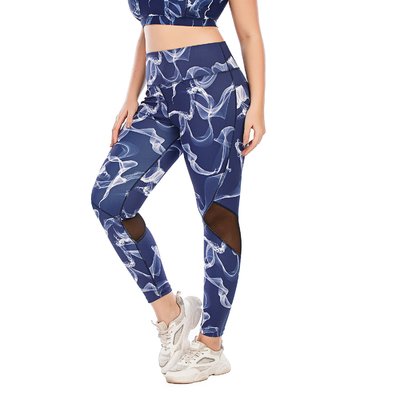 Breathable Exercise Patterned Workout Pants Polyester Spandex Mesh Stitching
