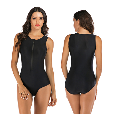 Slim Fit Snorkeling Womens Surfing Suits Sleeveless Anti UV Black Zip Front Swimsuit