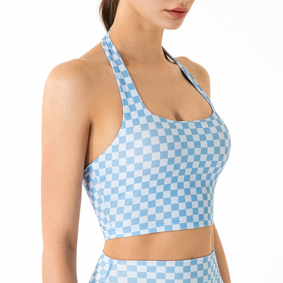 Spring Plaid Hanging Neck Womens Sports Bra Fitness Yoga Vest