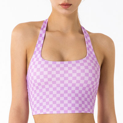 Spring Plaid Hanging Neck Womens Sports Bra Fitness Yoga Vest