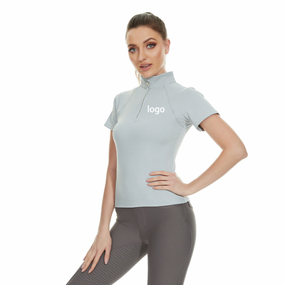 Classic Grey Horse Riding Tops Sweat Ladies Zip Up Short Sleeve Equestrian Base Layer