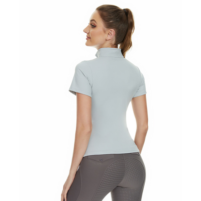 Classic Grey Horse Riding Tops Sweat Ladies Zip Up Short Sleeve Equestrian Base Layer