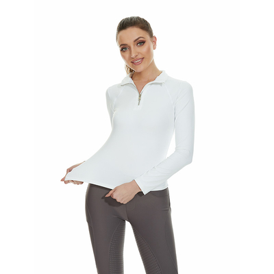 White Quick Drying Horse Riding Tops Ladies 1/4 Zipper Long Sleeve Shirts
