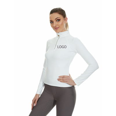 White Quick Drying Horse Riding Tops Ladies 1/4 Zipper Long Sleeve Shirts