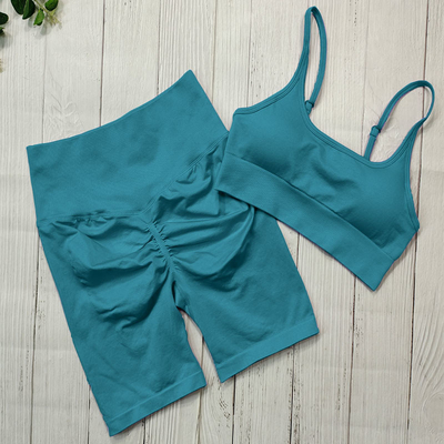 Summer Two Multicolor Yoga Outfits Ruched Butt Lifting Shorts And Breathable Sports Bra