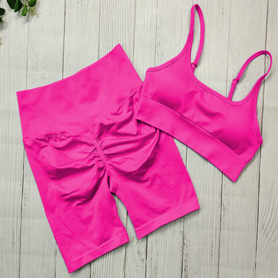 Summer Two Multicolor Yoga Outfits Ruched Butt Lifting Shorts And Breathable Sports Bra