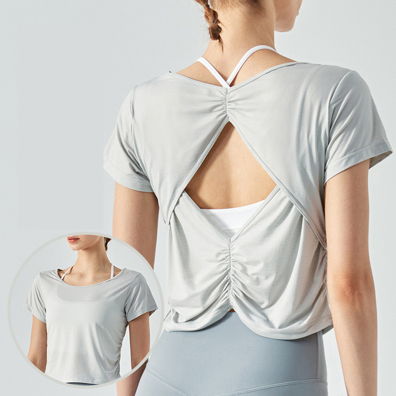 Pleated Nylon Sports Short Sleeve Ladies Yoga Tops Running Fitness T - Shirt