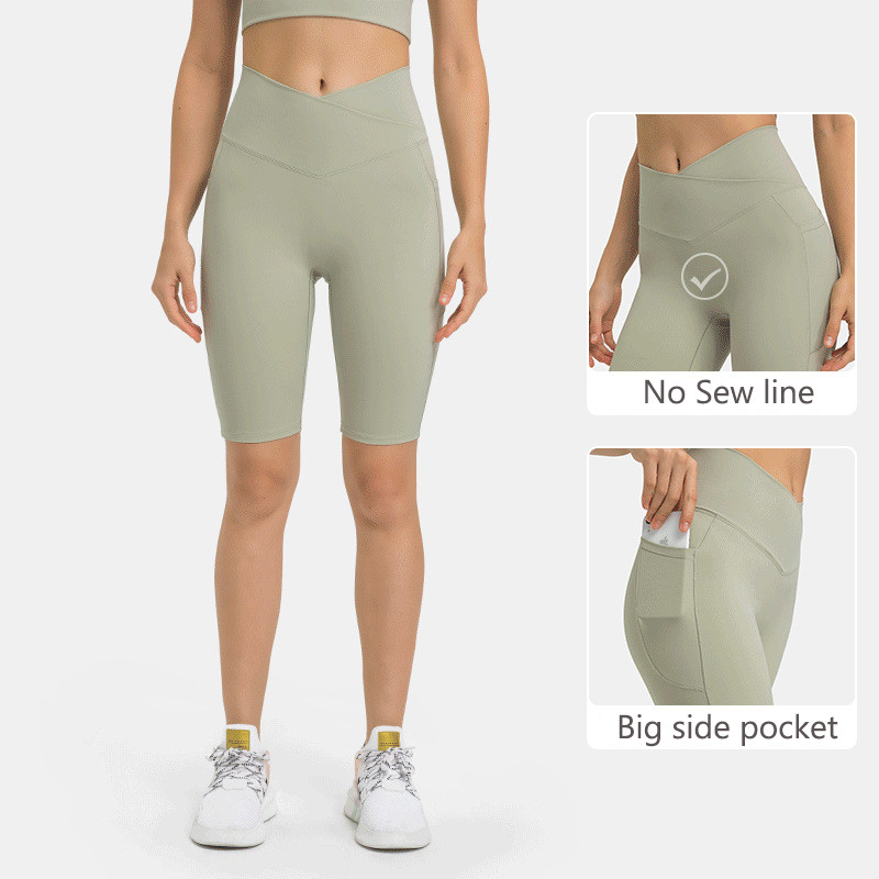 Plus Size Casual Sports Yoga Pants Waist Cross Pockets Shorts Women Gym