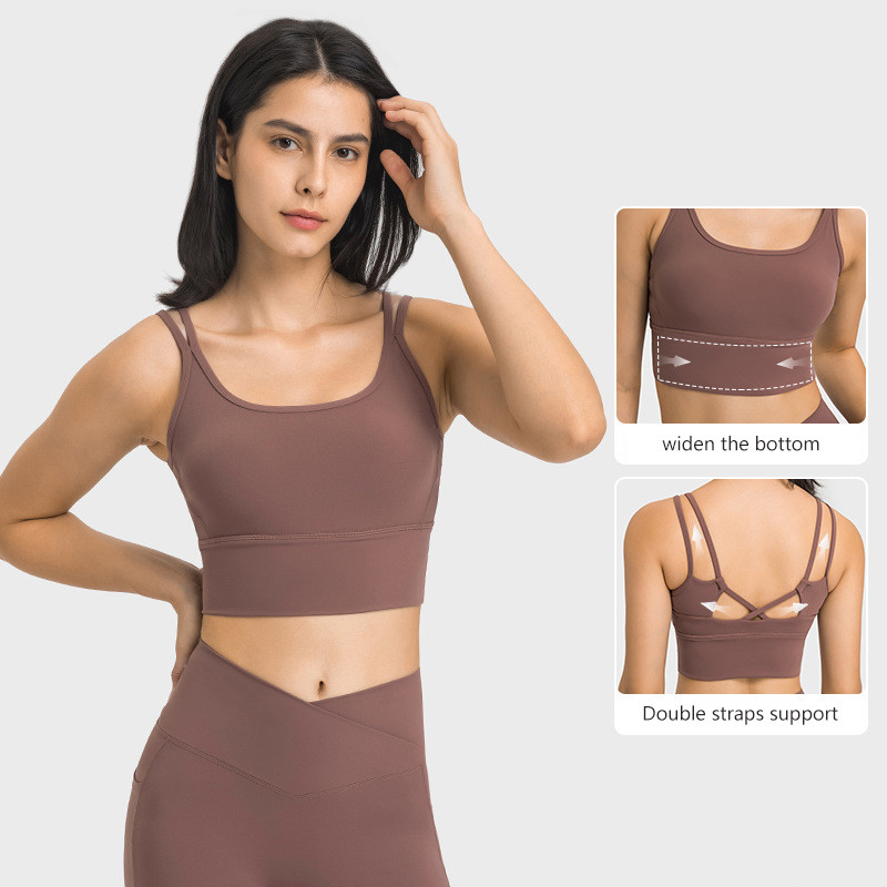 Active Stretch Women Crop Tops Strappy Back Bulid In Widen Bottom Sports Bra