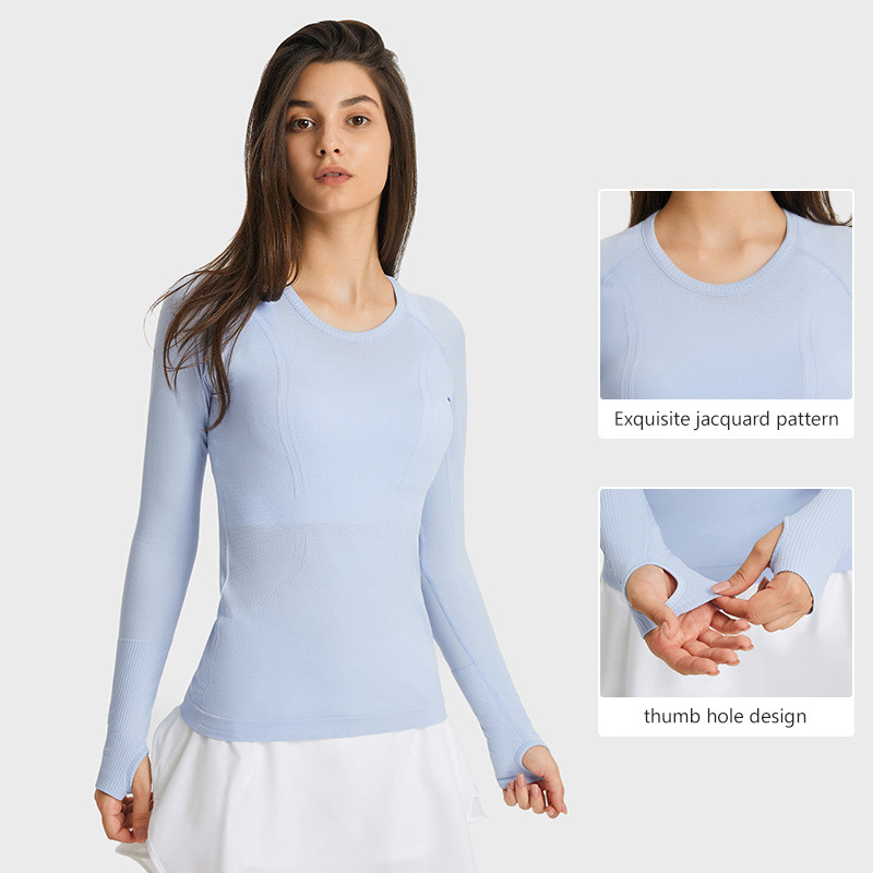 Ladies Long Sleeve Jacquard Horse Riding Tops Round Neck Sports T - Shirt Workout