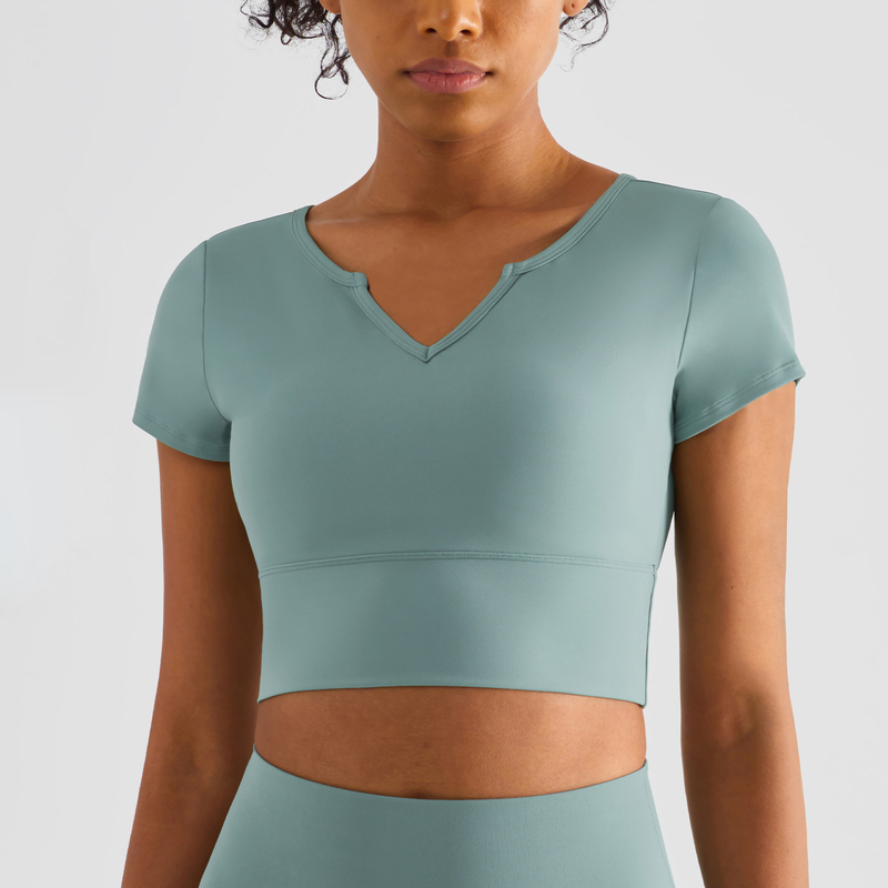 Short Sleeve Padded V Neck Athletic Crop Tops Built In Bra Shirts