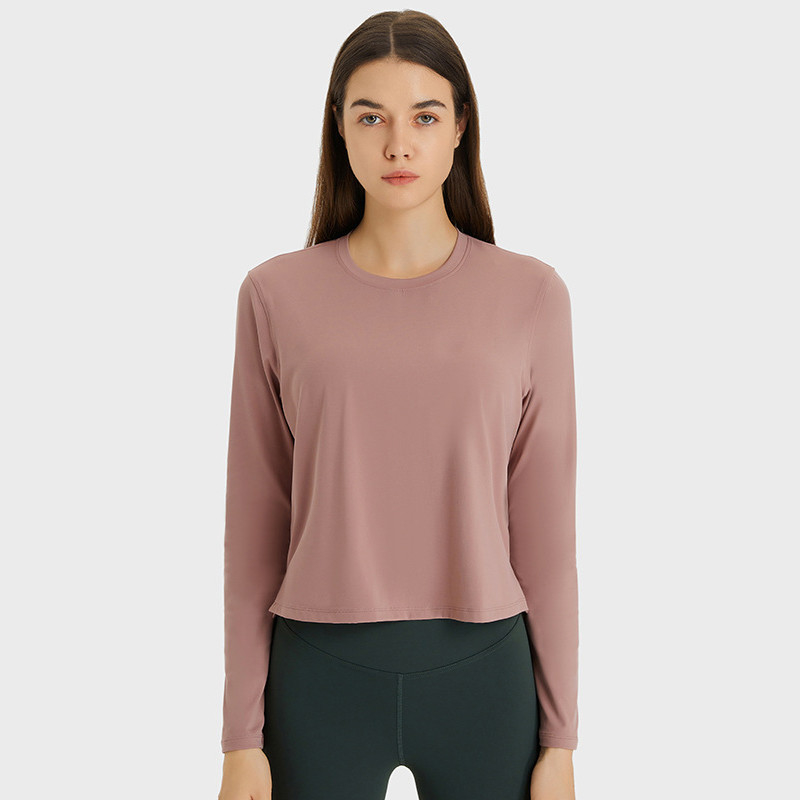 Round Neck Casual Yoga Tops Solid Tees Womens Long Sleeve Cropped T - Shirts