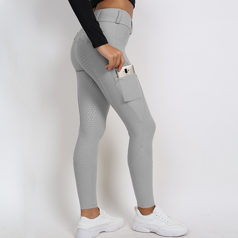 Light Gray Women Riding Leggings Pockets Equestrian Training Pants With Silicone Grip