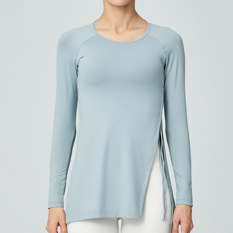 One Side Pleated Women Yoga Tops Long Sleeve Split Sports Breathable