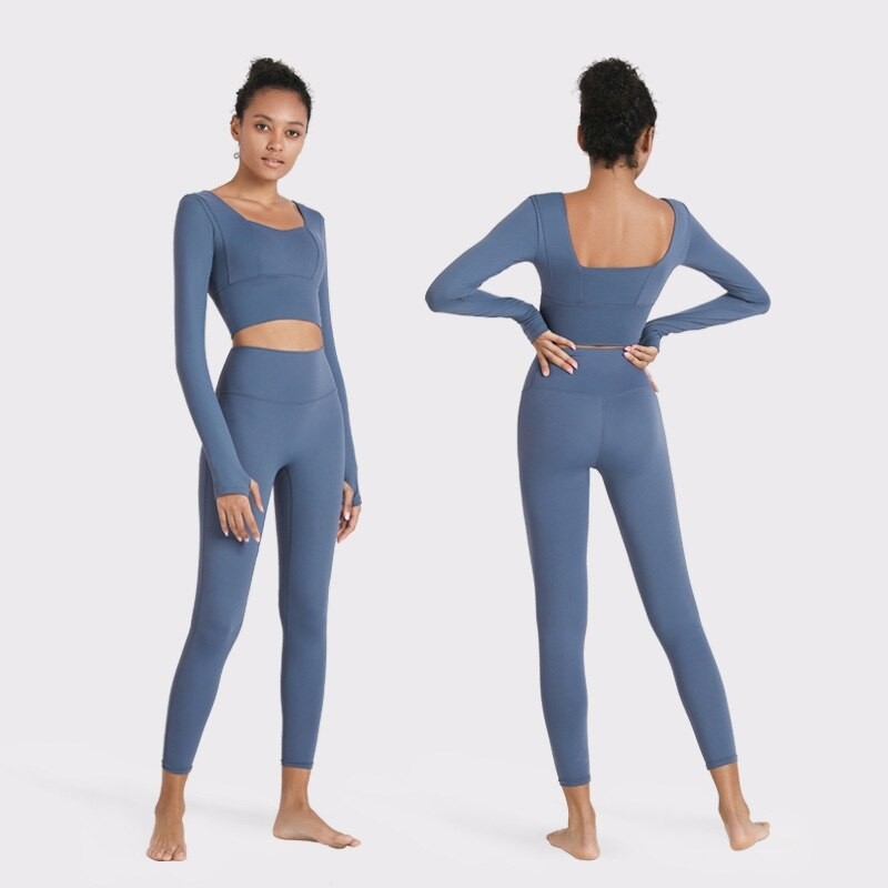 High Waist Yoga Workout Clothes Breathable Yoga Leggings Top Set With Thumb Hole