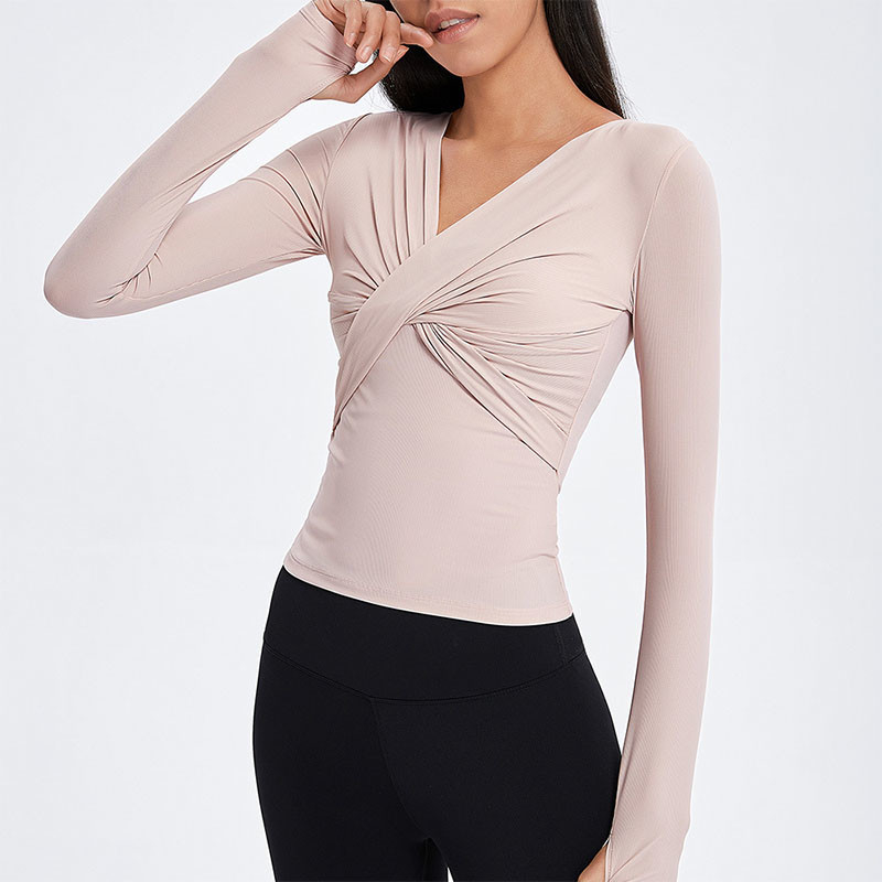 Cross Folded Ladies Yoga Tops Long Sleeve V Neck Sports Shirts With Thumb Hole
