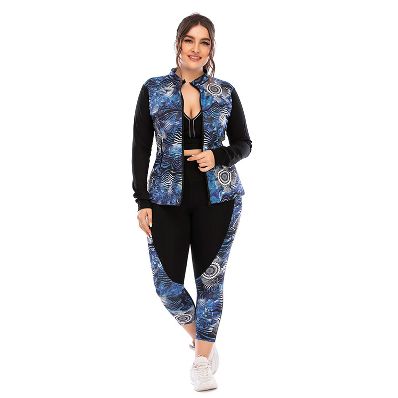 Stand Collar Plus Size 3 Piece Yoga Sets Side Pocket Squat Proof Womens Gym Set