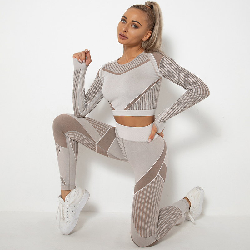 Hygroscopic Womens Long Sleeve Gym Set Hollow Seamless Yoga Gym Set